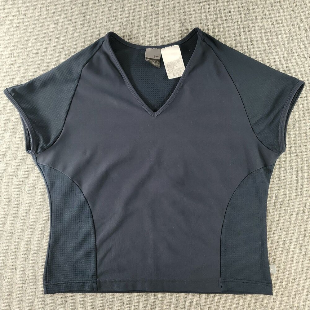 Nike Dri-Fit Womens V Neck Cap Sleeve Athletic Shirt Top Navy Blue Mesh Large